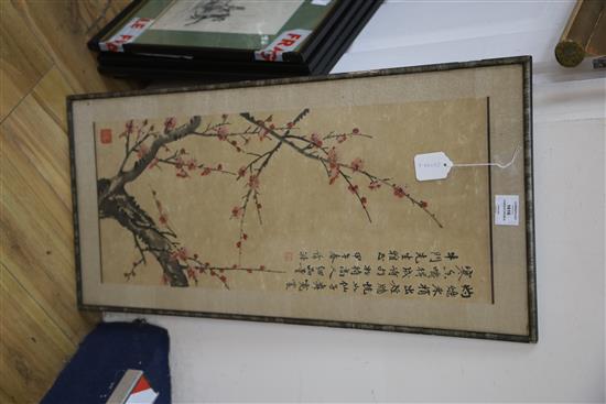 An early 20th century Chinese School painting of prunus, with an inscription on paper, 69 x 28cm